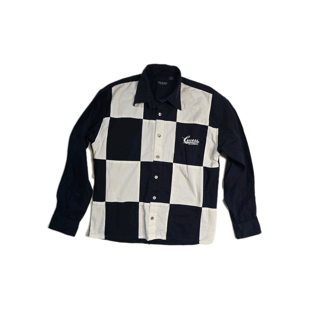 Vintage Men's  Button Up Shirt Guess Classics  Checkered-Print Navy Blue M‎